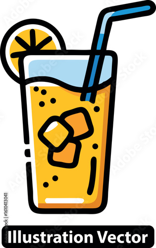 Refreshing glass of cold orange juice with ice, a straw, and a citrus slice garnish.