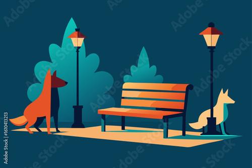 Two dogs and a bench in a park at night with streetlights