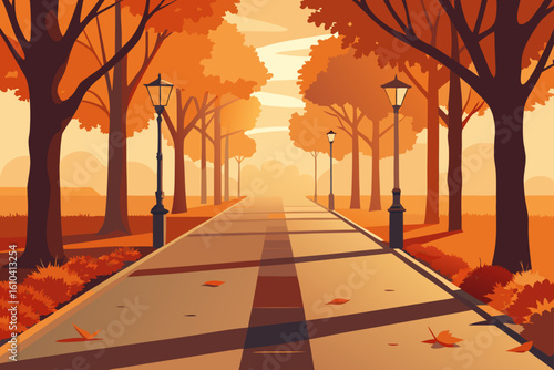 Autumn park pathway with trees and lampposts