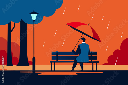 Man with umbrella sitting on park bench in the rain