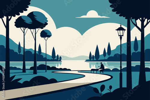 Serene lakeside park scene with a solitary figure