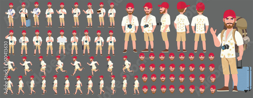 Traveler character model sheet, Character poses, expressions, Walk cycle, Run cycle animated character sequences.