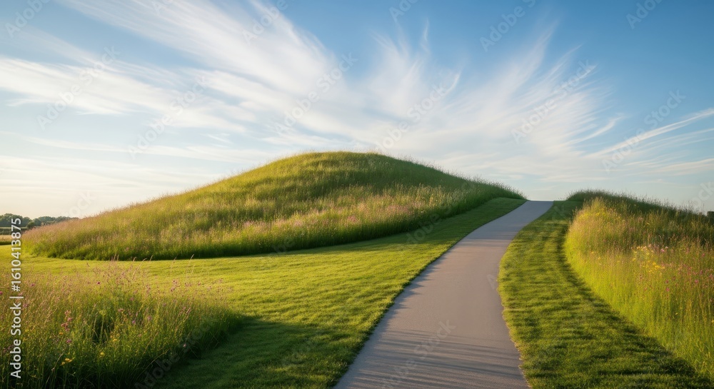 Fototapeta premium Green grassy hills pathway blue sky clouds landscape