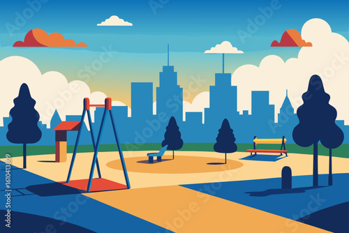 Urban park playground scene with city skyline and colorful clouds