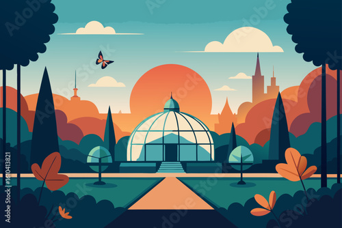 Stylized greenhouse with a sunset and butterfly