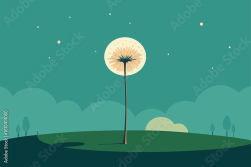 Stylized dandelion under a full moon in a dreamy landscape
