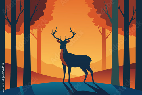 Majestic deer silhouette amidst a vibrant autumn forest sunset