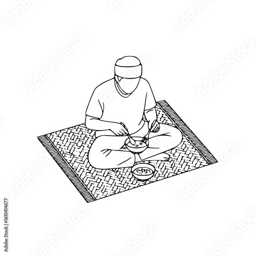 Man eating on patterned prayer rug
