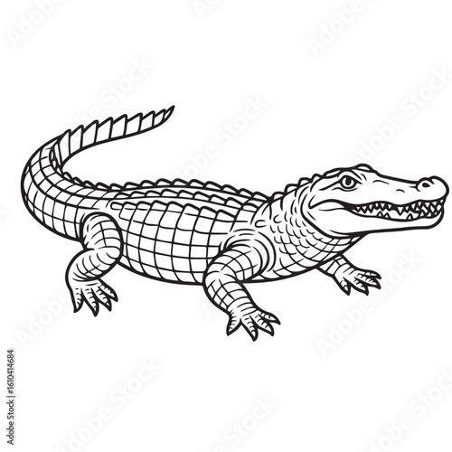 A black and white vector of a crocodile, featuring sharp black outlines that define its scaly body, powerful jaw, and tail with strong graphic contrast.

