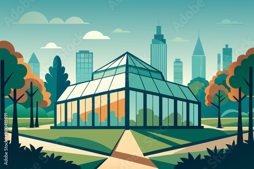 Modern glass conservatory in a city park