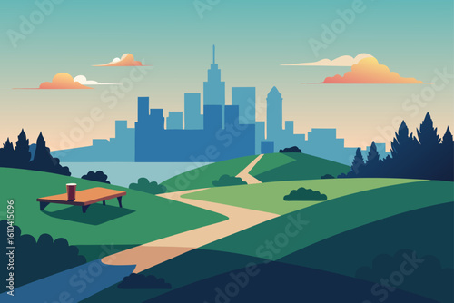 Serene park landscape with city skyline and a drink on a table