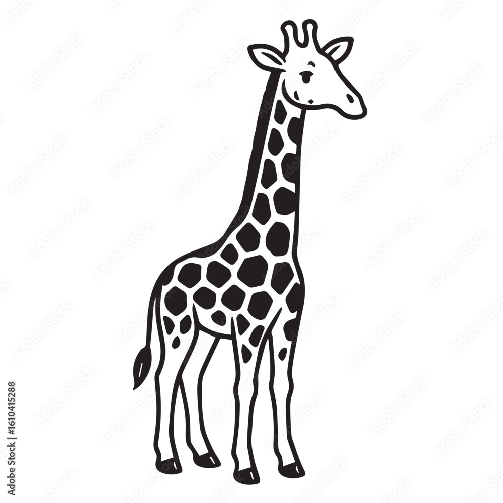 Naklejka premium A vector depiction of a giraffe designed in black and white, with defined black outlines that highlight the animal's distinctive shape, posture, and surface patterns.