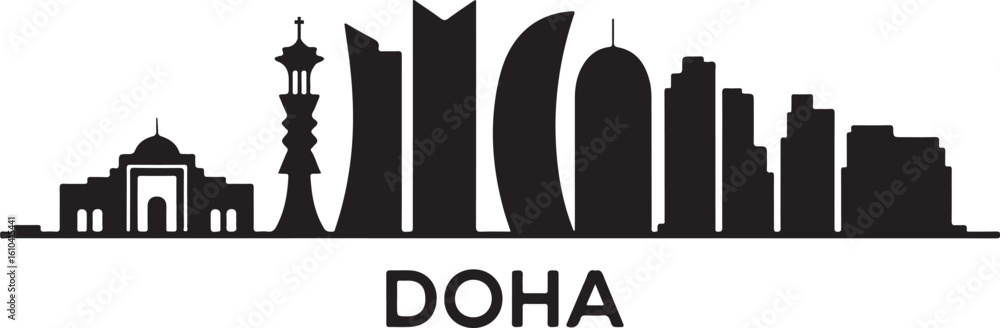 Doha Skyline Silhouette Museum of Islamic Art Curved Tower Buildings Futuristic Gulf City Vector Design Doha Skyline Silhouette Museum of Islamic Art Curved Tower Buildings Futuristic Gulf City Vector Design