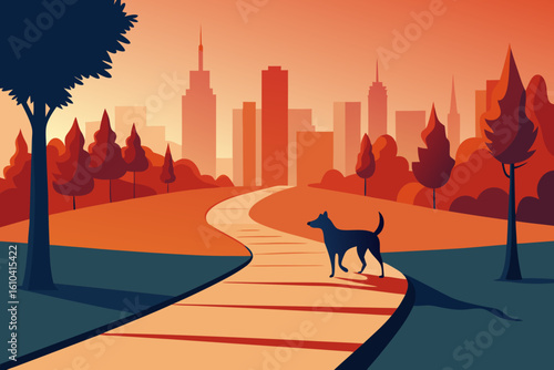 Dog walks on a path in a park with a city skyline at sunset