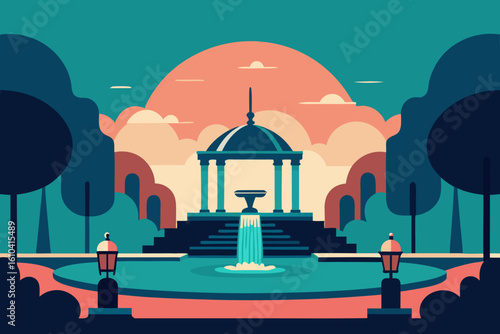 Tranquil garden scene with fountain and gazebo