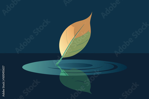 A single leaf floats on dark water creating ripples