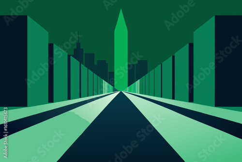 Stylized cityscape with tall green obelisk and converging road