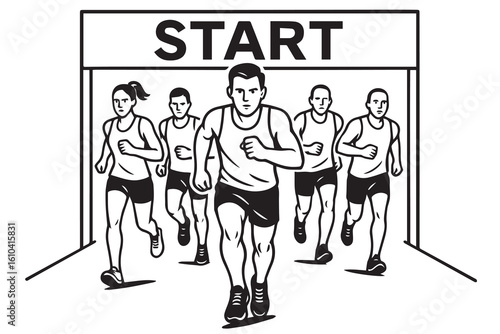 A black and white vector shows several runners crossing the starting line, outlined in bold black to emphasize their motion, posture, and competitive energy.

