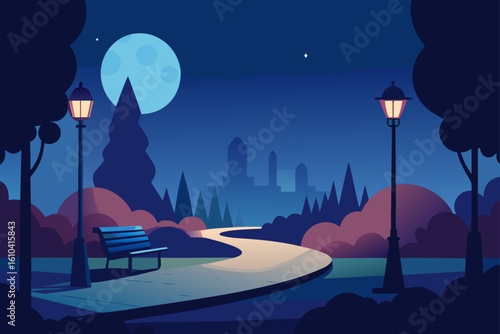 Peaceful park path under a full moon at night