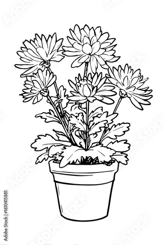 Outline Detailed Chrysanthemum Flower in Pot Illustration for Coloring Page. Ai Generated Images