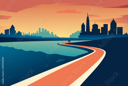 Couple walks on a scenic path towards a city skyline at sunset