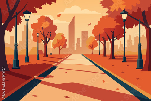 Autumn park pathway with city skyline and streetlights