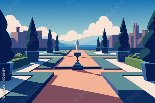 Stylized geometric garden with statue and buildings