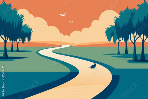 Serene landscape with winding path and lone bird