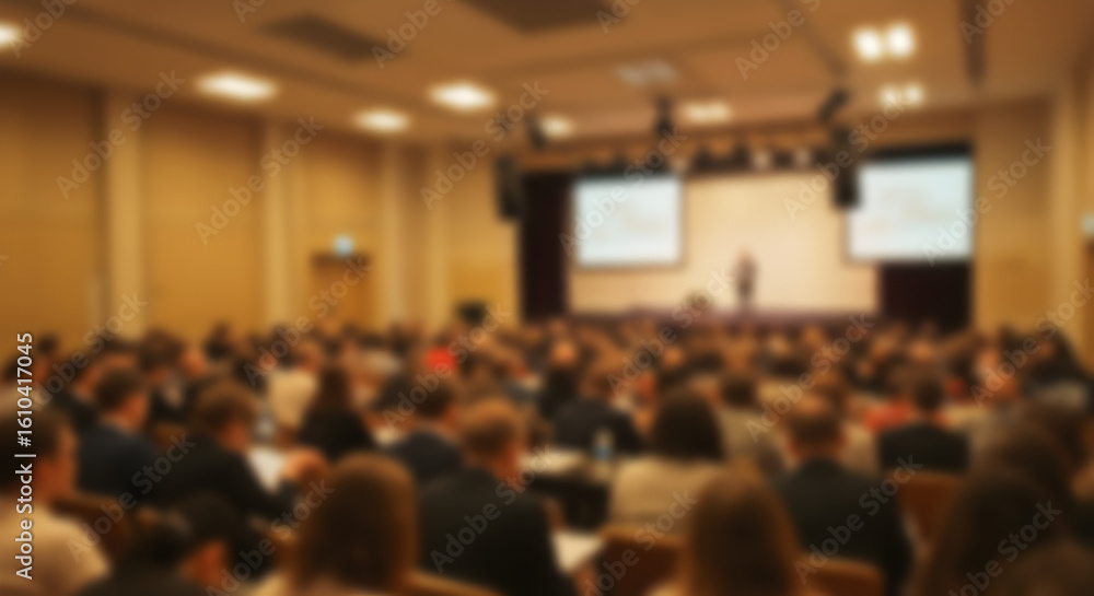 Fototapeta premium Large Audience Attending a Business Conference with Speaker on Stage in Brightly Lit Hall