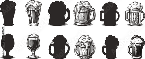 Diverse Beer Mug Collection in Monochrome Illustration A Visual Celebration of Craft Brewing Traditions and Social Gatherings