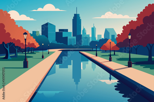 Cityscape with reflecting pool and autumn trees