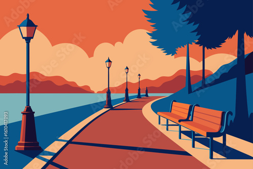 Serene lakeside promenade with vintage lamps and benches