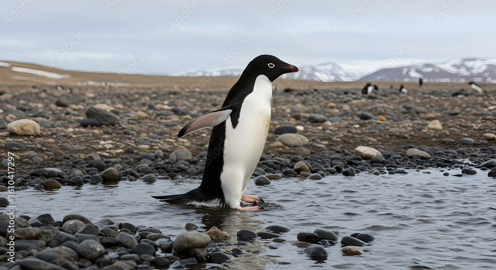 Fototapeta premium Lone Penguin Wades Through Shallow Water on a Rocky Shore Under Cloudy Sky with Distant Snow Capped Hills