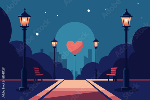 Romantic park at night with heart balloon and streetlights