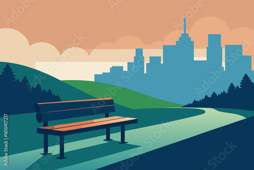 Park bench overlooking city skyline at sunset