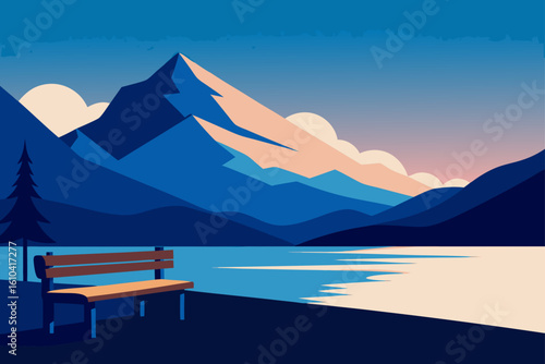Serene mountain lake vista with a lone bench