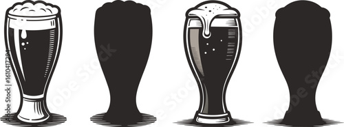 Craft Beer Vector Illustration Set featuring Full Glasses and Silhouette Style Graphics for Brewery Designs and Beverage Marketing