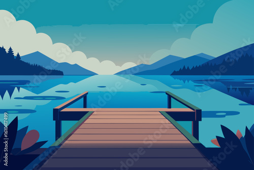 Serene lakeside view with wooden dock and mountain backdrop