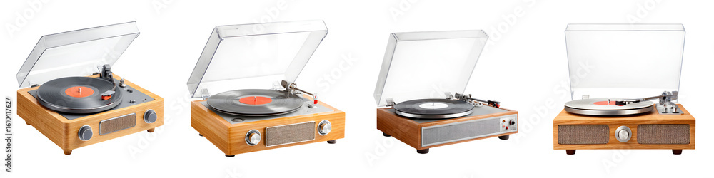 Fototapeta premium Vintage Record Player Collection on White Background