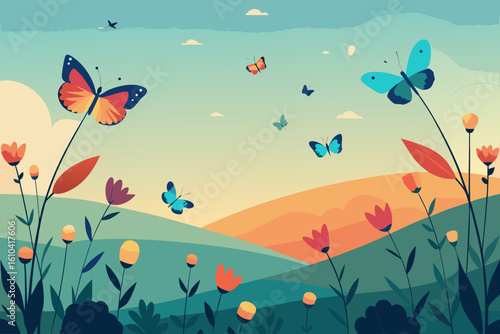Colorful butterflies flutter over a serene landscape with rolling hills and flowers