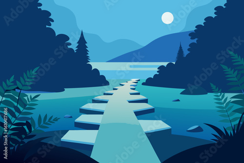 Serene moonlit path over water in a forested landscape