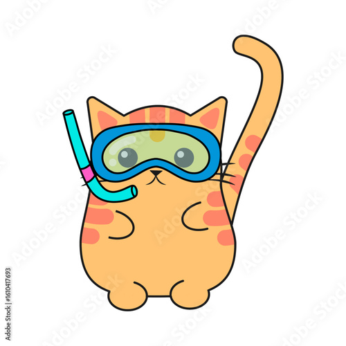 Cute ginger cat wearing a snorkel mask for swimming. Funny cartoon kitten character ready for a summer beach vacation or diving adventure.