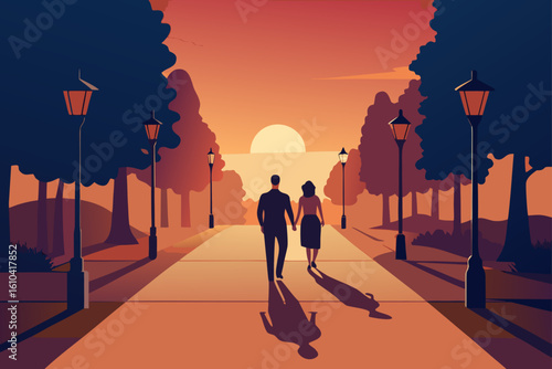 Couple walking hand in hand on a path during sunset with streetlights