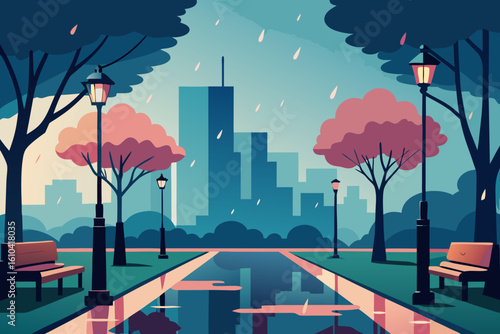 Rainy city park with puddles and streetlights