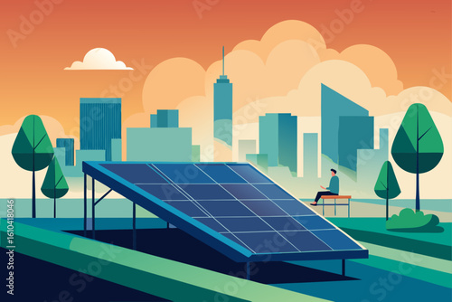 Cityscape with solar panel and person enjoying nature
