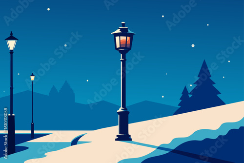 Winter night scene with glowing streetlights and snow