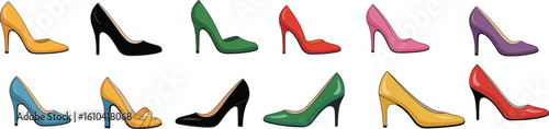 Collection of colorful high heel shoes arranged in two rows on a white background display style