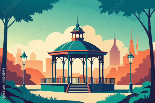 Serene park gazebo with city skyline and lamp posts