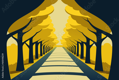 Golden autumn tree lined path leading to light