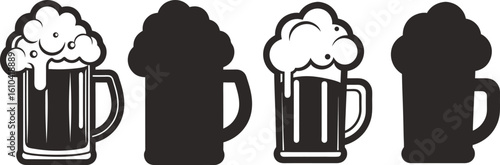 Elegant Black and White Beer Mugs with Overflowing Foam Detailed Vector Illustration Graphic Design